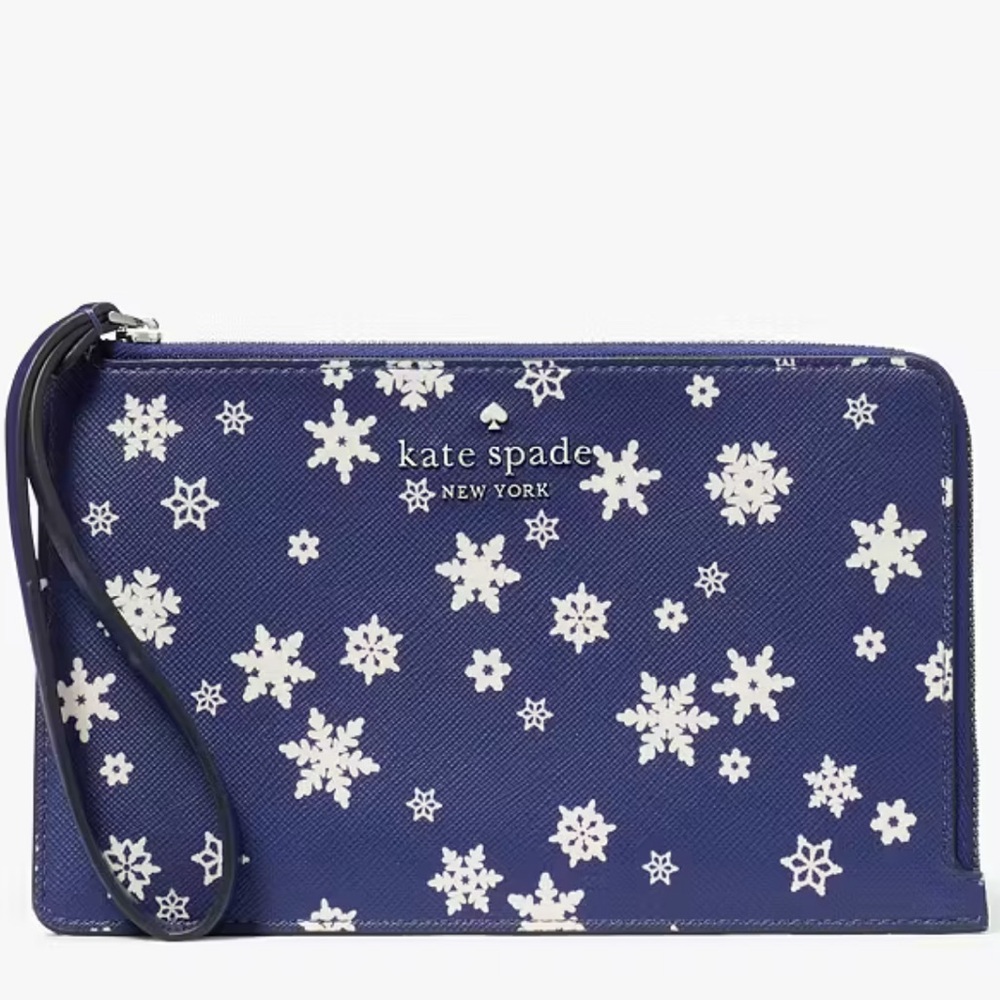 Kate Spade Staci Medium L-Zip Wristlet Snowflake Toss Blue Multi NWT